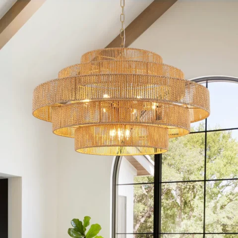 Buy 12-Light Dimmable Hand-Woven Rattan Tiered Chandelier Online