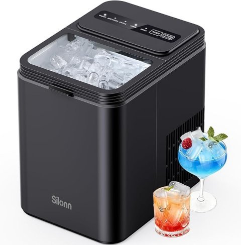 Silonn Ice Maker Countertop, 8 Ice Cubes in 6 Mins, 26.5 lbs/24H, 2 Bullet Ice Sizes, Self-Cleaning Bullet Ice Maker, Portable Ice Machine for Kitchen, Party, Office, and RV Camping, pebble ice maker
