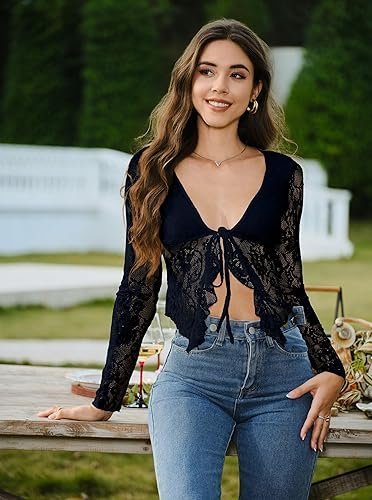 Buy Women's Open Back Lace Blouse - Elegant Long Sleeve