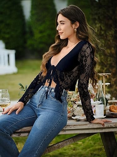 Buy Women's Open Back Lace Blouse - Elegant Long Sleeve