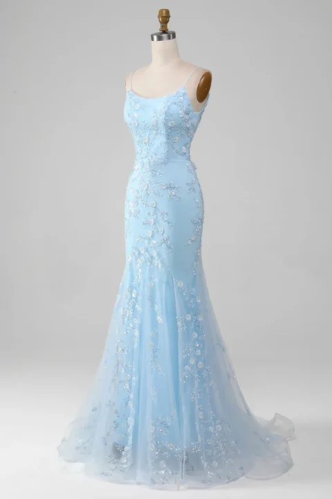 Buy Light Blue Beaded Mermaid Prom Dress - Lace-Up Back