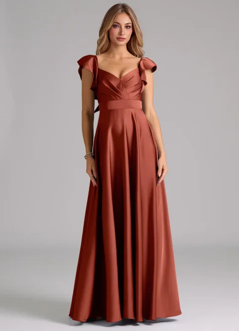 Buy Terracotta A-Line Ruched Stretch Satin Dress Online