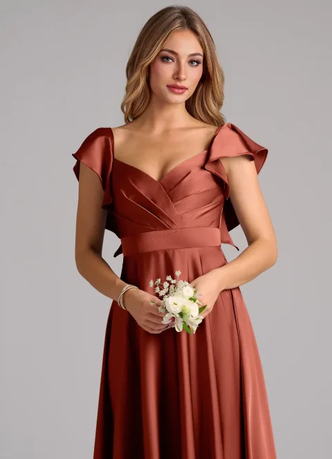 Buy Terracotta A-Line Ruched Stretch Satin Dress Online