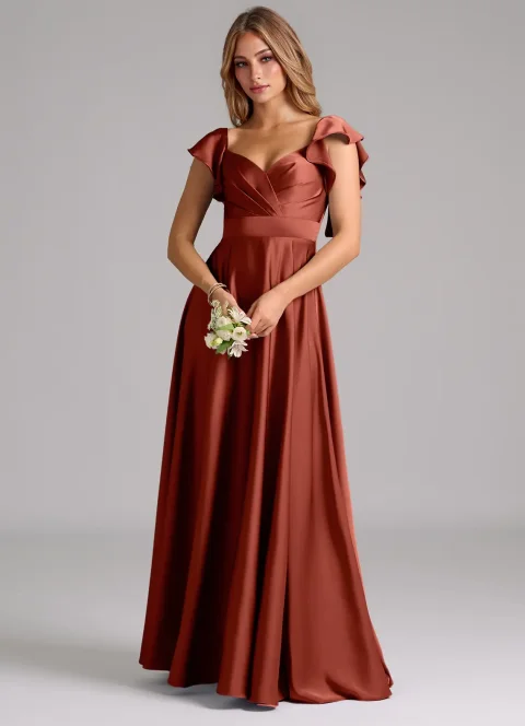 Buy Terracotta A-Line Ruched Stretch Satin Dress Online