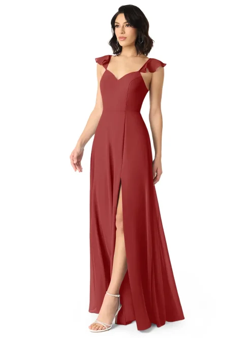 Buy Rust A-Line V-Neck Ruched Chiffon Dress Online