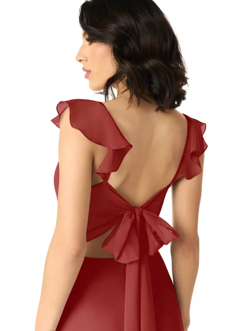 Buy Rust A-Line V-Neck Ruched Chiffon Dress Online
