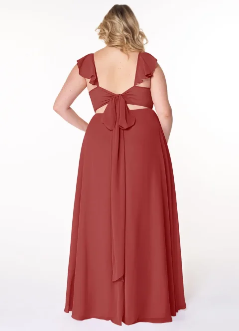 Buy Rust A-Line V-Neck Ruched Chiffon Dress Online