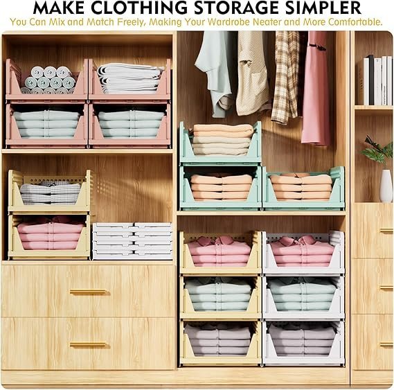 SNSLXH 5 Pack Stackable Closet Storage Basket, Multifunctional & Foldable Closet Organizer for Bathroom Kitchen Laundry Room Wardrobe Storage, Space-Saving Clothes Storage Drawer Organizer, White