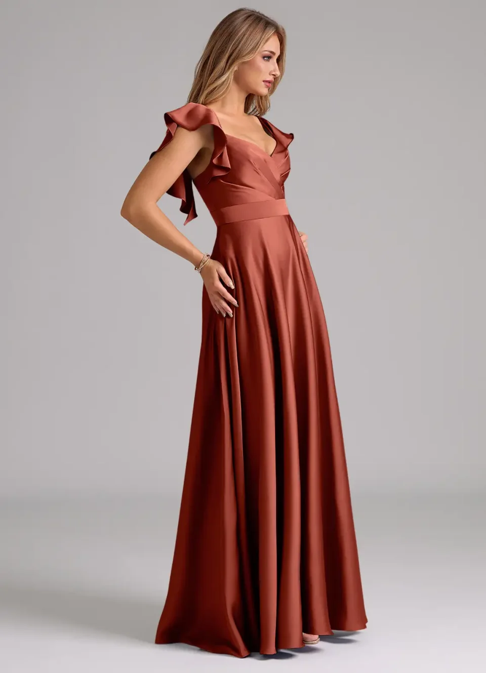 Buy Terracotta A-Line Ruched Stretch Satin Dress Online