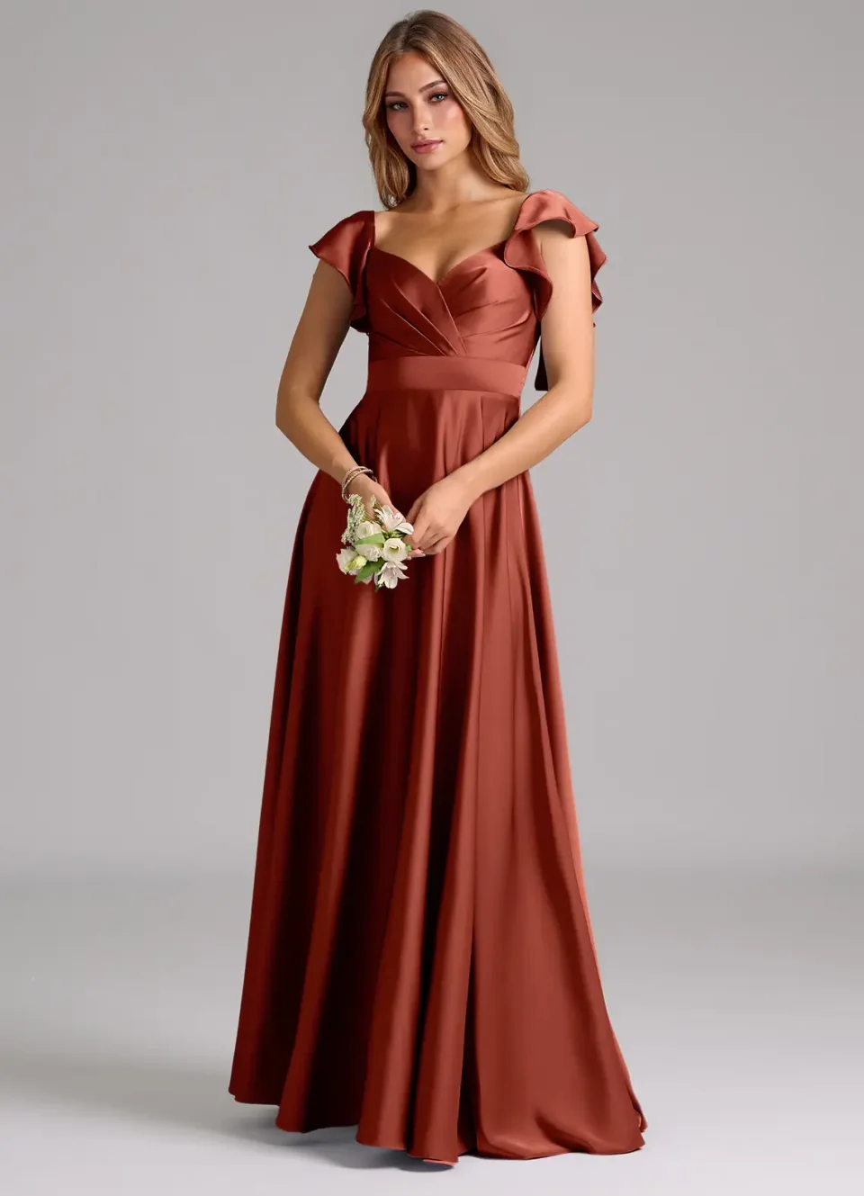 Buy Terracotta A-Line Ruched Stretch Satin Dress Online