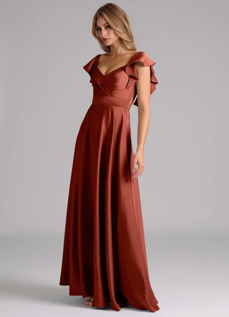 Buy Terracotta A-Line Ruched Stretch Satin Dress Online