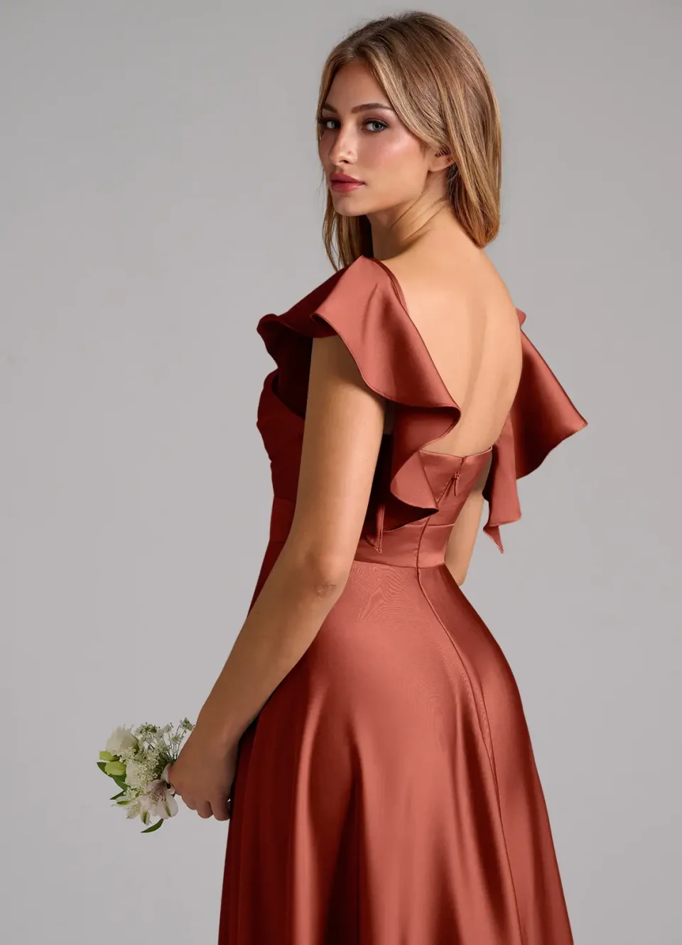 Buy Terracotta A-Line Ruched Stretch Satin Dress Online