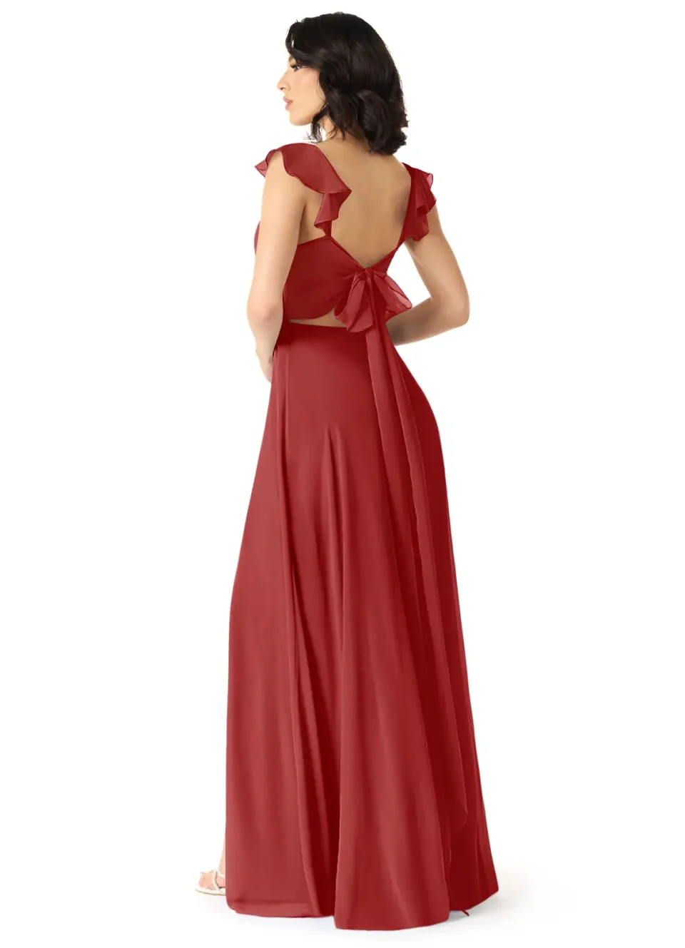 Buy Rust A-Line V-Neck Ruched Chiffon Dress Online