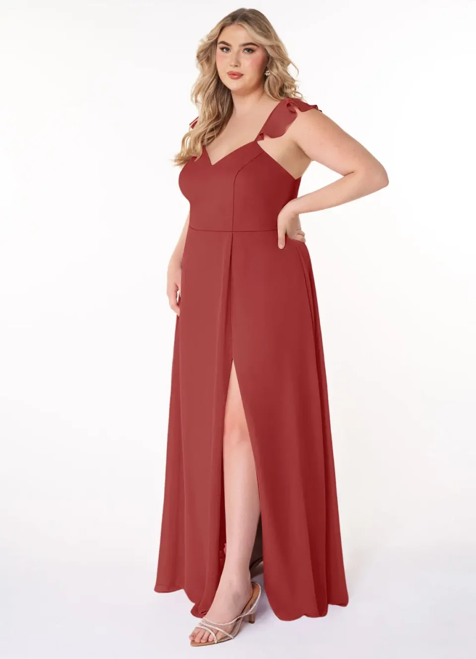 Buy Rust A-Line V-Neck Ruched Chiffon Dress Online